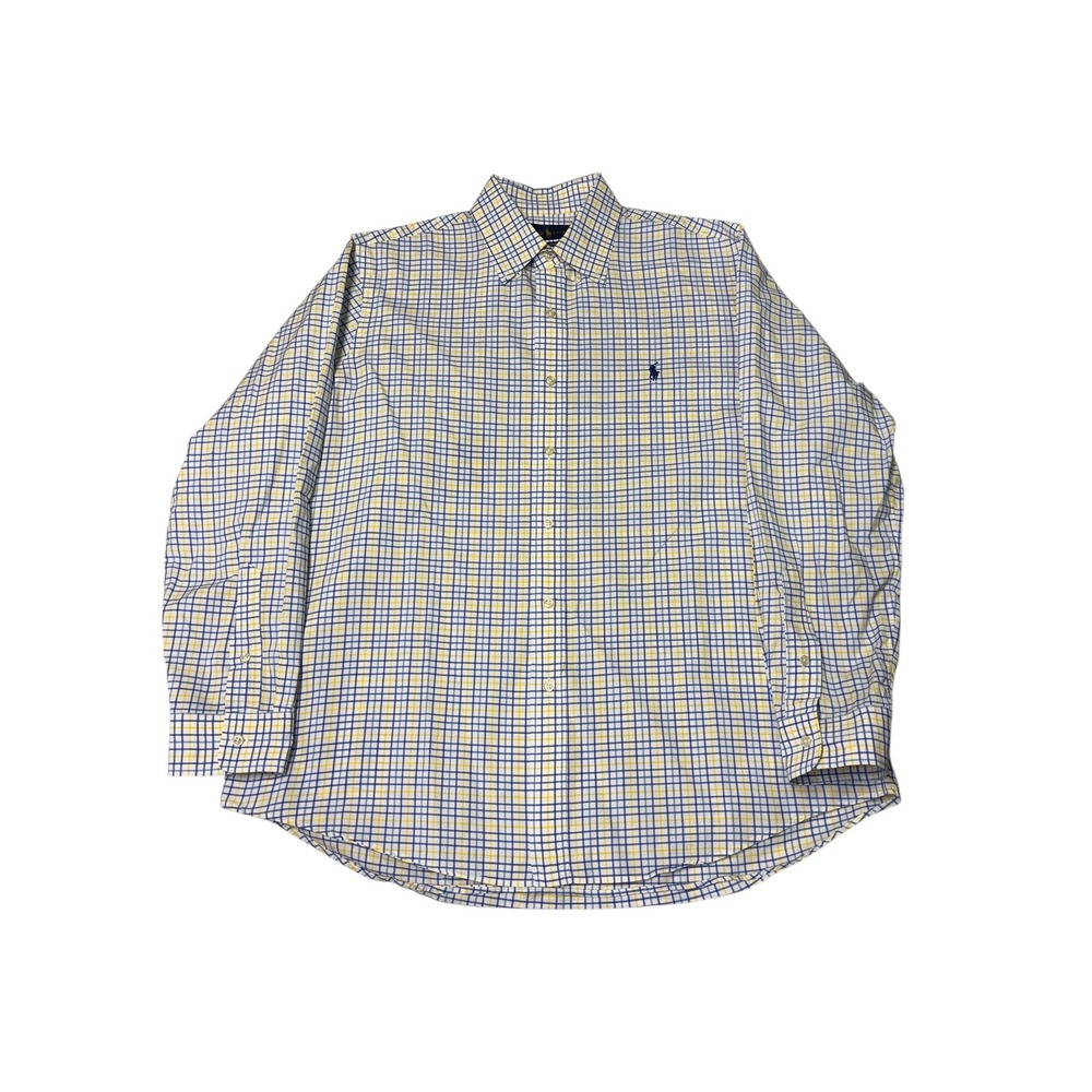Ralph Lauren Mens Button‎ Down Shirt Yellow Blue Plaid Stretch Cotton Size L